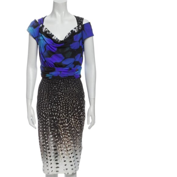 ROBERTO CAVALLI Blue, Black and White Print Dress - Picture 1 of 7
